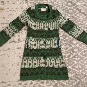 Anthropologie/Sparrow Green and White patterned long sweater. 100% lambswool